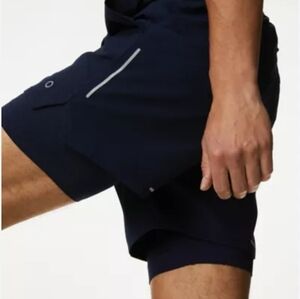 GOODMOVE Mens Short 5" XL Navy Two Layer Drawstring Zip Pocket Workout Stretch